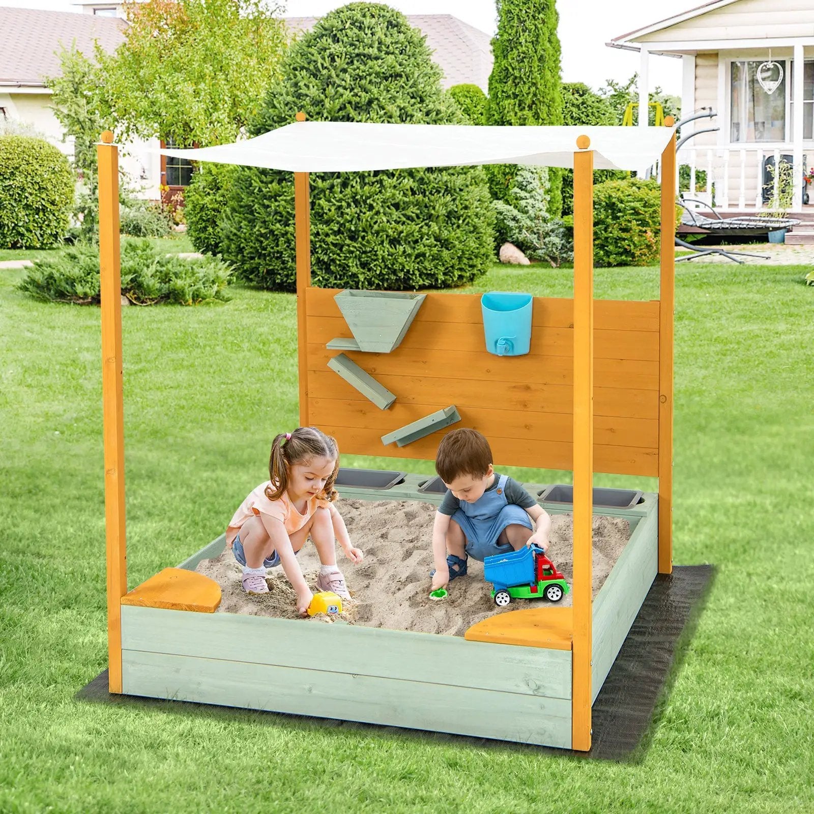 Kids Sandbox with Sand Wall w/ Removable Canopy for Kids 3-8 Years Old by DirectDeals