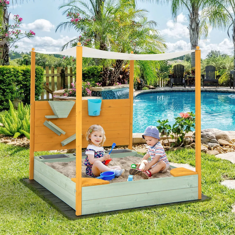 Kids Sandbox with Sand Wall w/ Removable Canopy for Kids 3-8 Years Old by DirectDeals