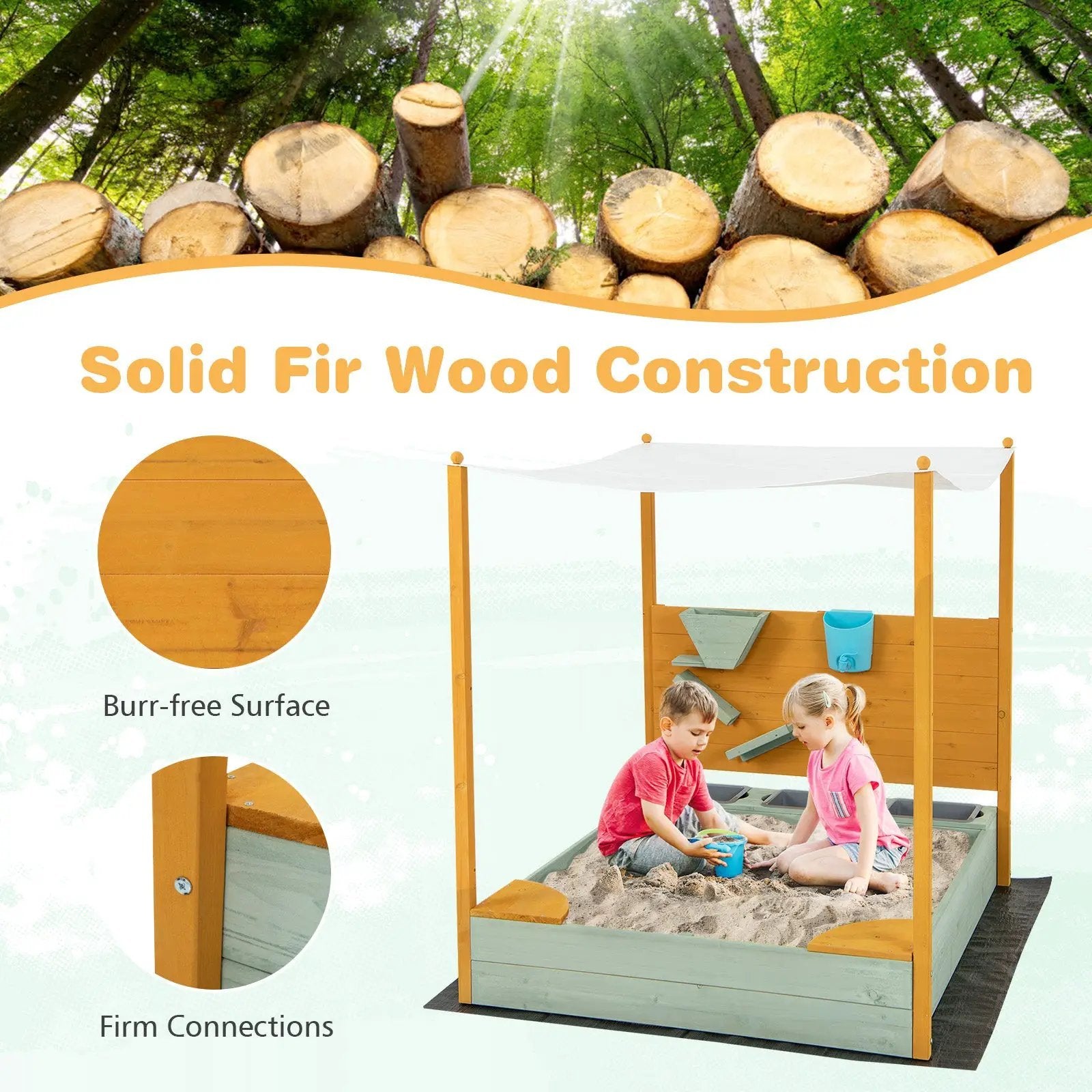 Kids Sandbox with Sand Wall w/ Removable Canopy for Kids 3-8 Years Old by DirectDeals