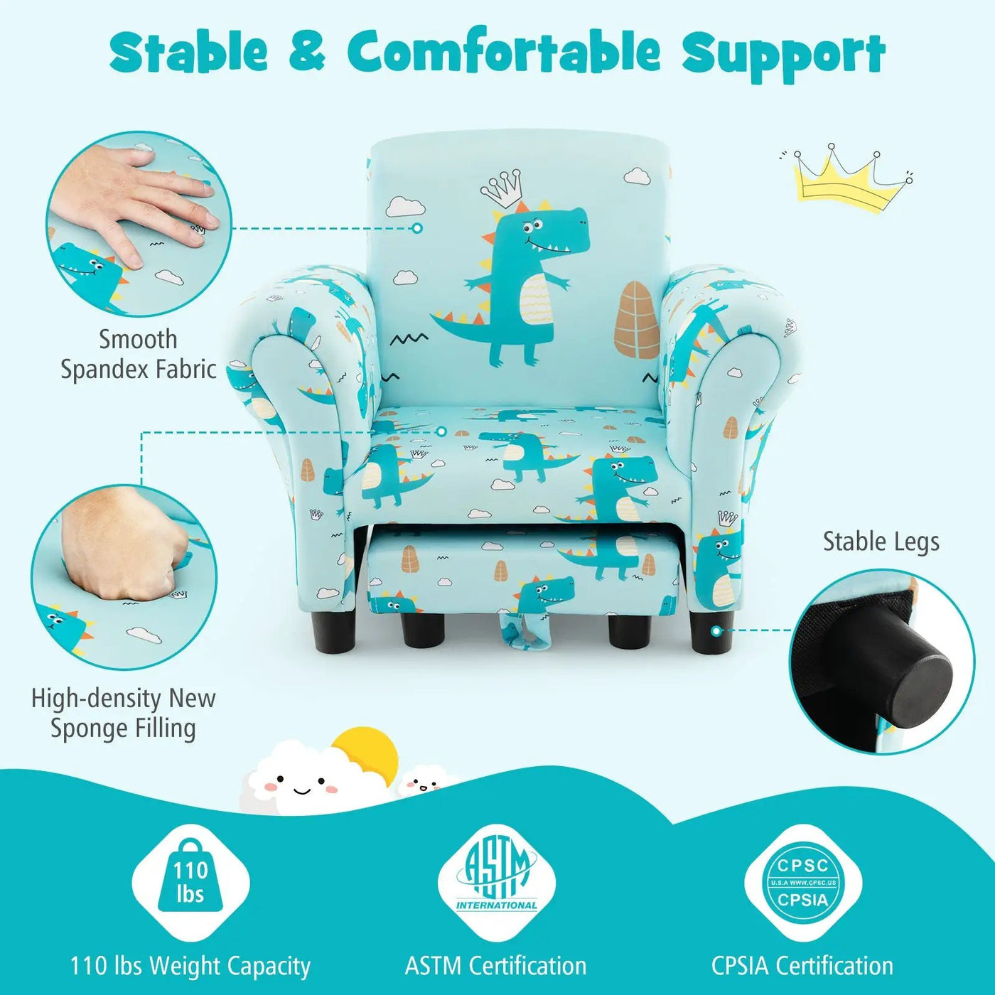 Kids Single Sofa with Cute Patterns Ergonomic Backrest and Armrests by DirectDeals