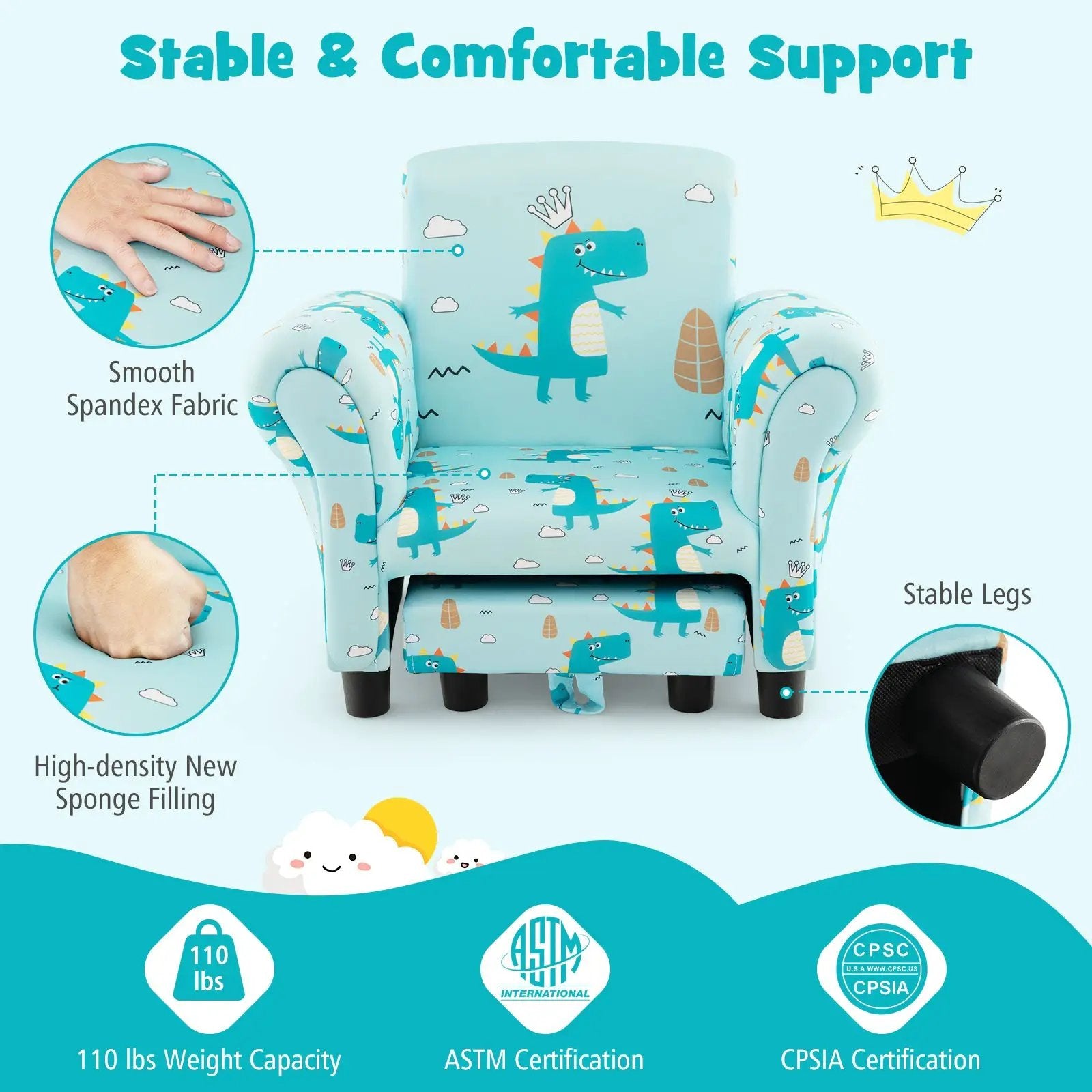 Kids Single Sofa with Cute Patterns Ergonomic Backrest and Armrests by DirectDeals