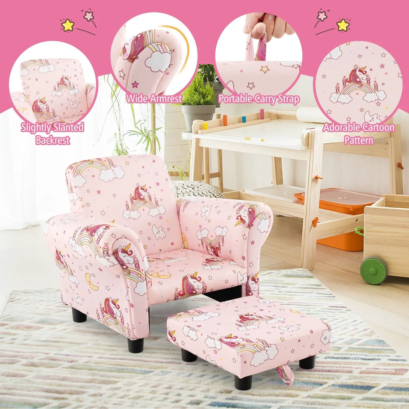Kids Single Sofa with Cute Patterns Ergonomic Backrest and Armrests by DirectDeals