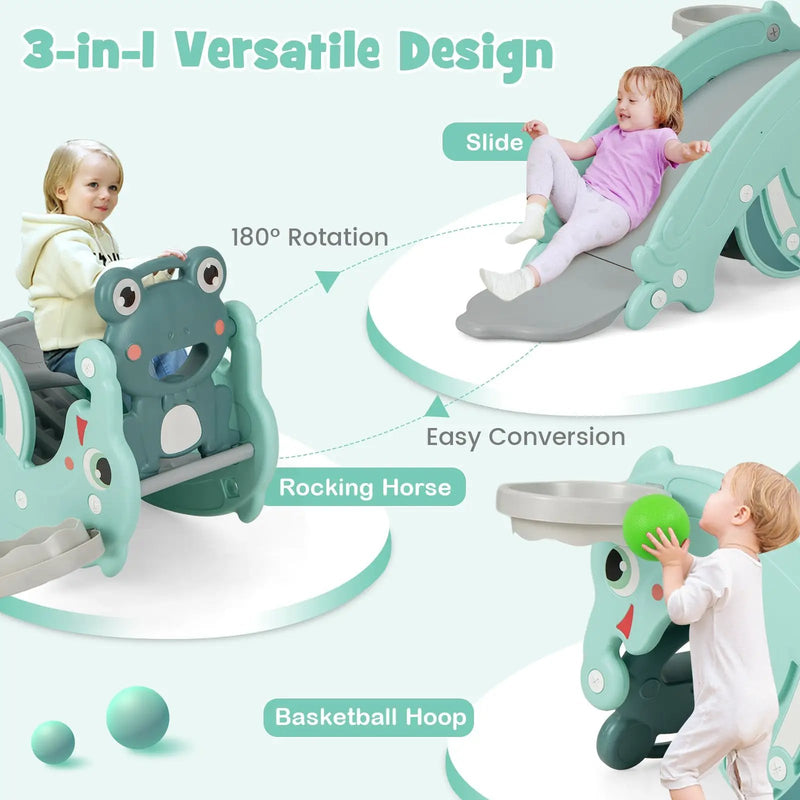3-in-1 Kids Slide Rocking Horse Set Convertible Toddler Slide with Basketball Hoop by DirectDeals