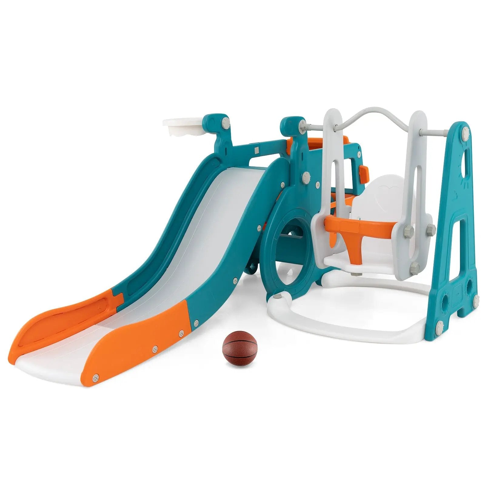 5-in-1 Kids Slide and Swing Set with Mini Bus and Basketball Hoop-Multicolor by DirectDeals