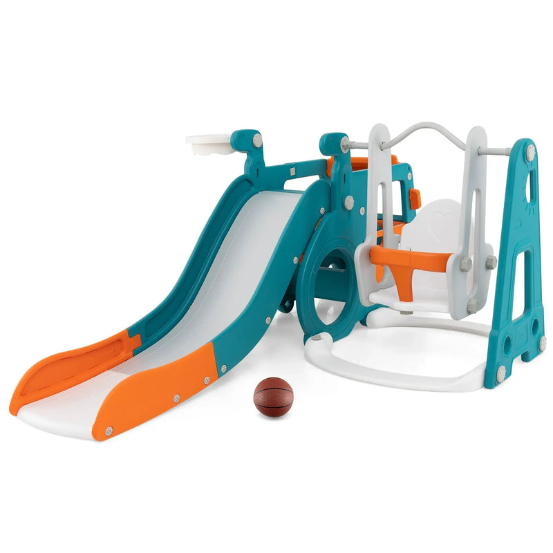 5-in-1 Kids Slide and Swing Set with Mini Bus and Basketball Hoop-Multicolor by DirectDeals