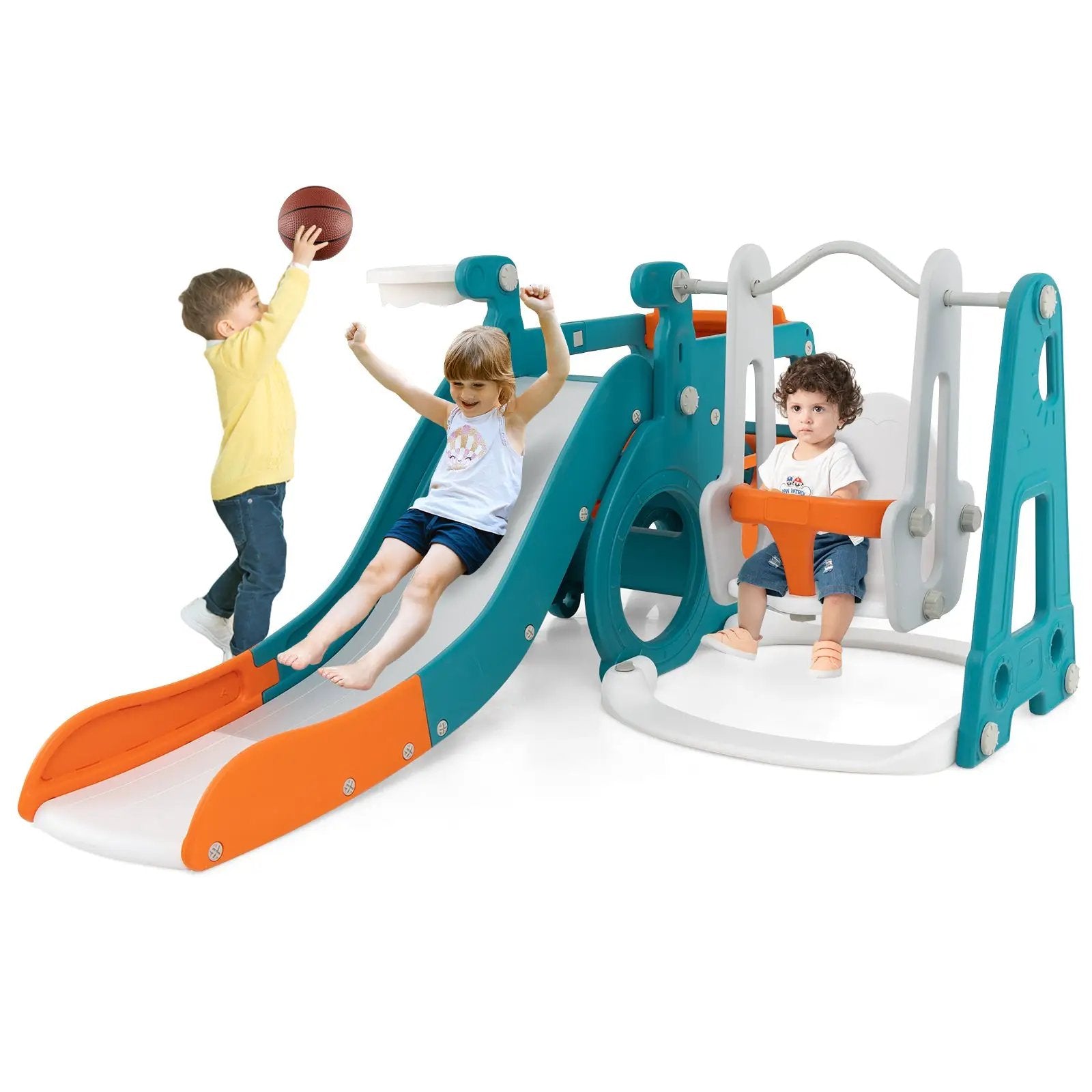 5-in-1 Kids Slide and Swing Set with Mini Bus and Basketball Hoop-Multicolor by DirectDeals