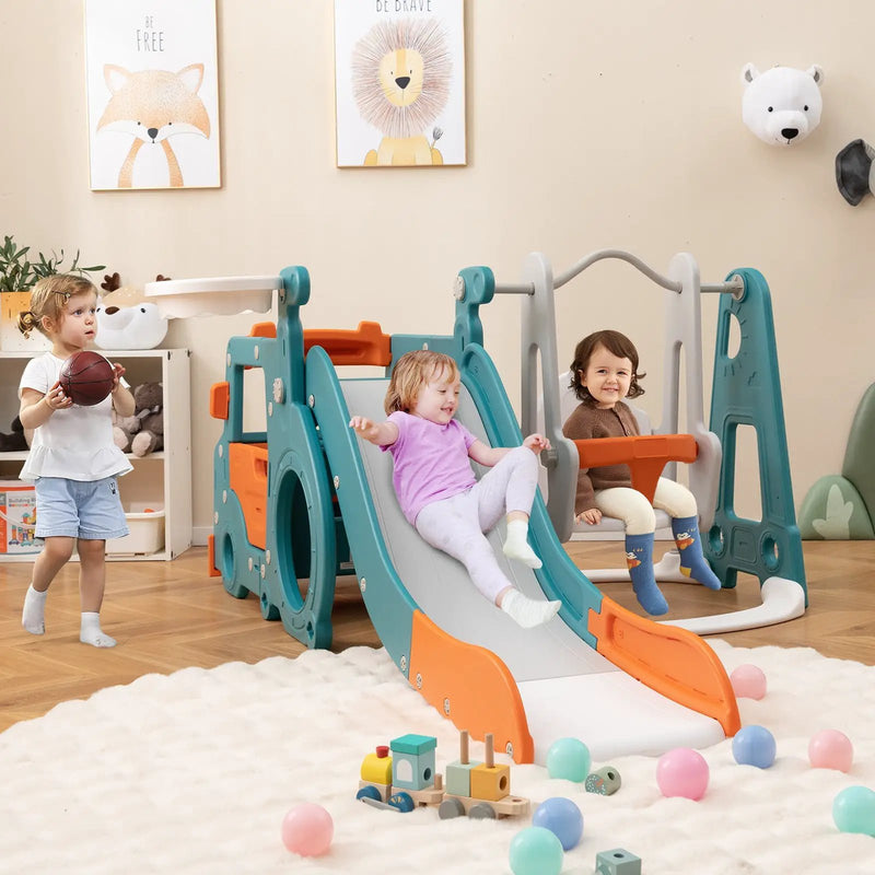 5-in-1 Kids Slide and Swing Set with Mini Bus and Basketball Hoop-Multicolor by DirectDeals