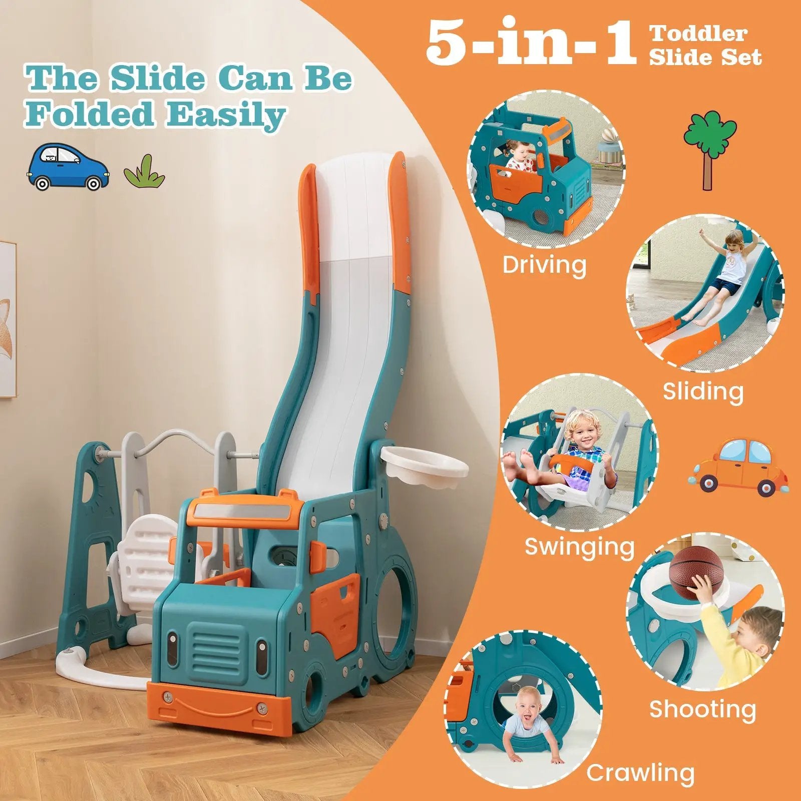 5-in-1 Kids Slide and Swing Set with Mini Bus and Basketball Hoop-Multicolor by DirectDeals
