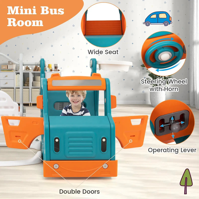 5-in-1 Kids Slide and Swing Set with Mini Bus and Basketball Hoop-Multicolor by DirectDeals