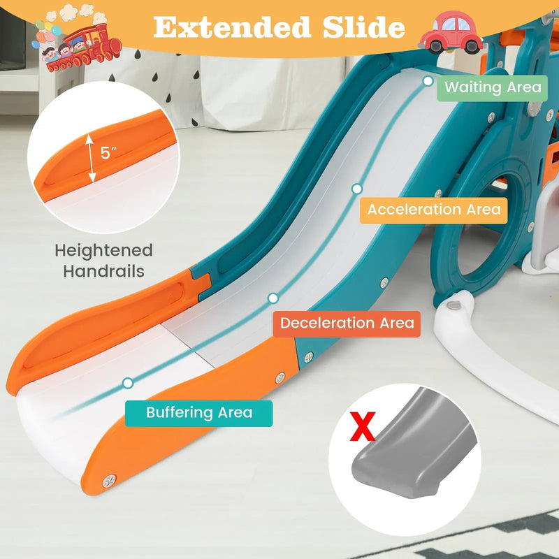 5-in-1 Kids Slide and Swing Set with Mini Bus and Basketball Hoop-Multicolor by DirectDeals