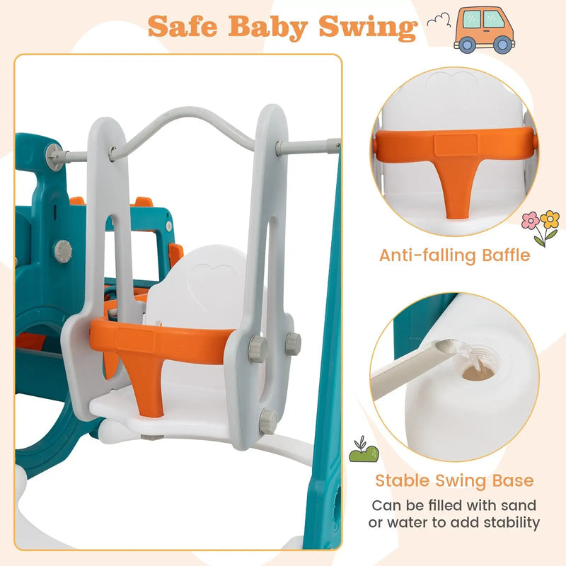 5-in-1 Kids Slide and Swing Set with Mini Bus and Basketball Hoop-Multicolor by DirectDeals