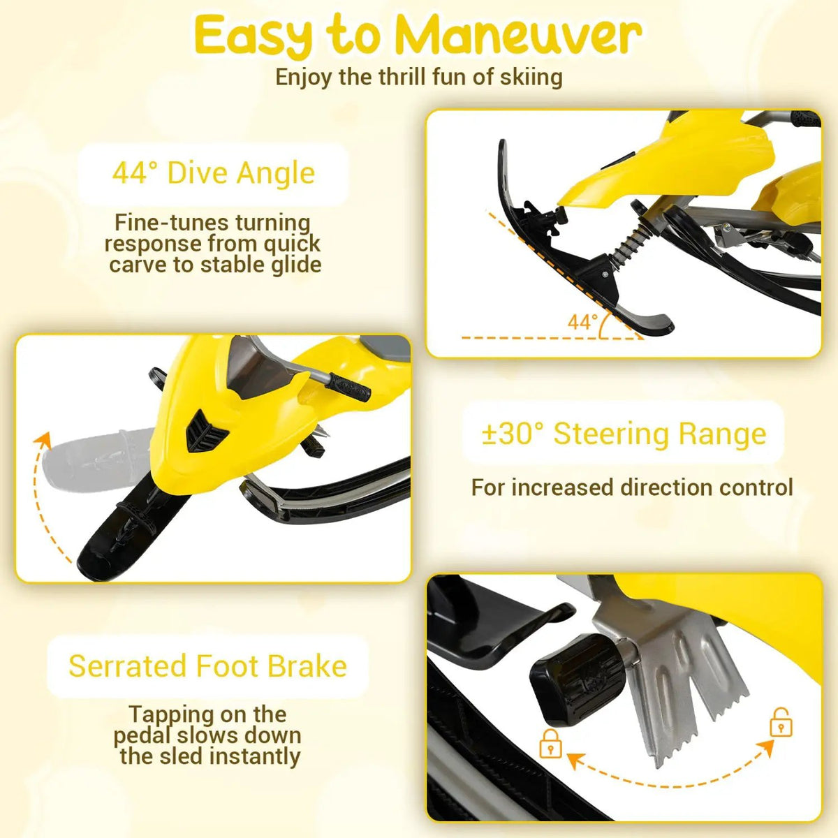 Snow Racer Sled with Brakes and Steering Handle for Kids by DirectDeals