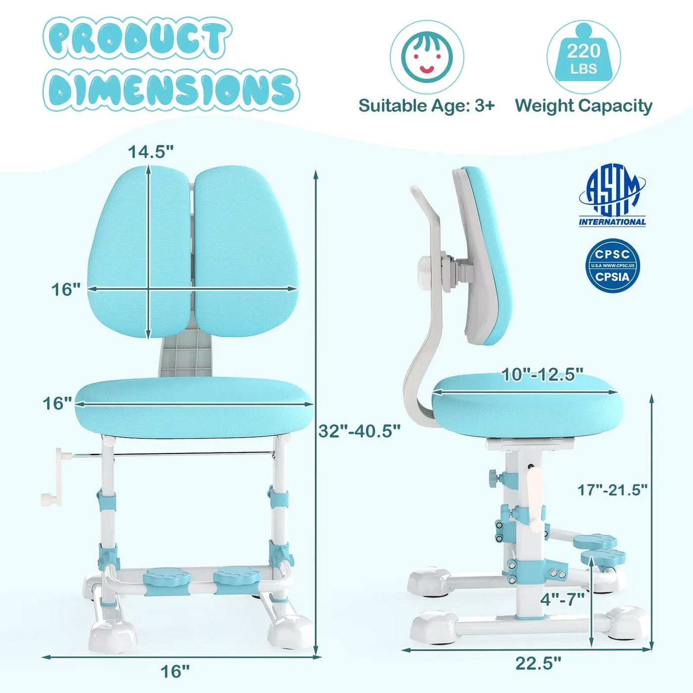 Kids Study Chair with Adjustable Double Backrest and Footrest by DirectDeals
