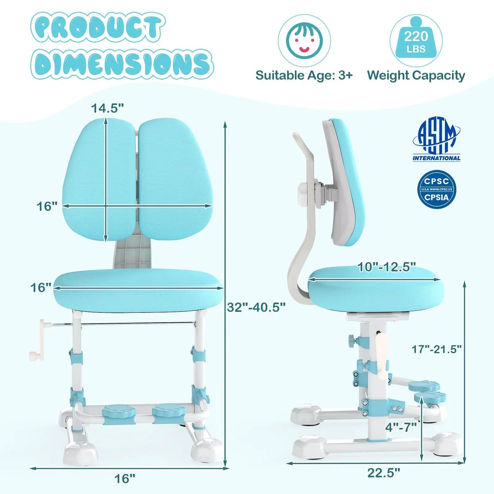 Kids Study Chair with Adjustable Double Backrest and Footrest by DirectDeals