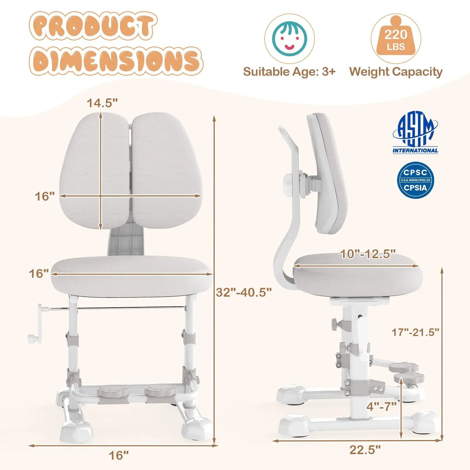 Kids Study Chair with Adjustable Double Backrest and Footrest by DirectDeals