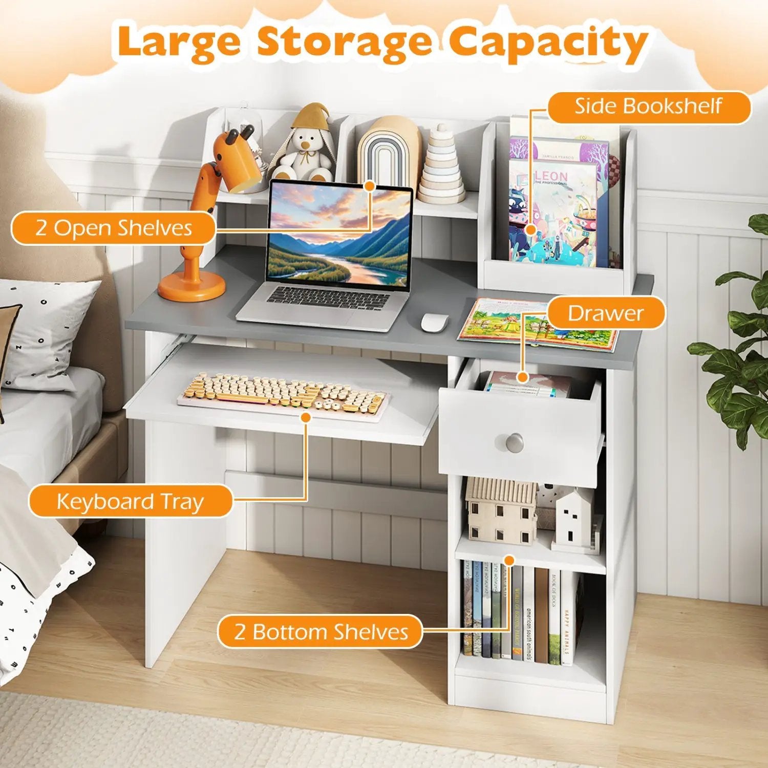 Kids Study Desk with Hutch, Drawer & Shelves by DirectDeals