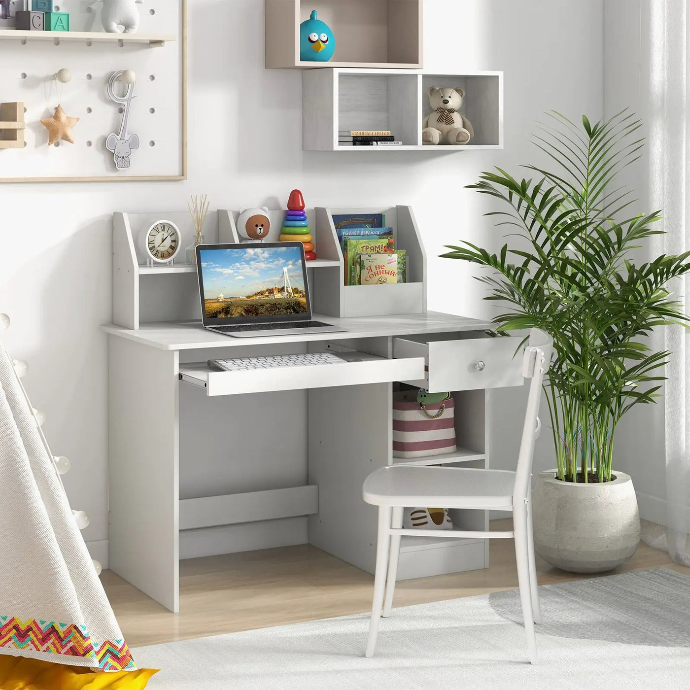 Kids Study Desk Children Writing Table with Hutch Drawer Shelves and Keyboard Tray-White by DirectDeals