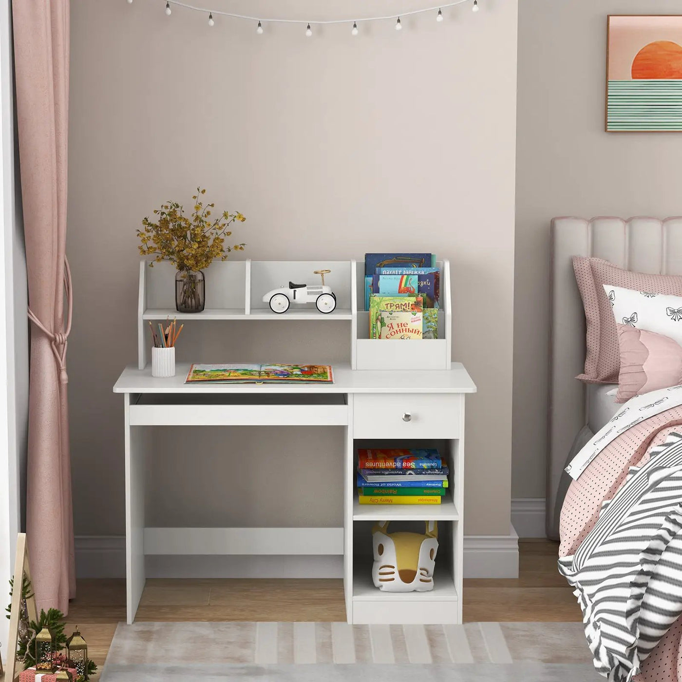 Kids Study Desk Children Writing Table with Hutch Drawer Shelves and Keyboard Tray-White by DirectDeals