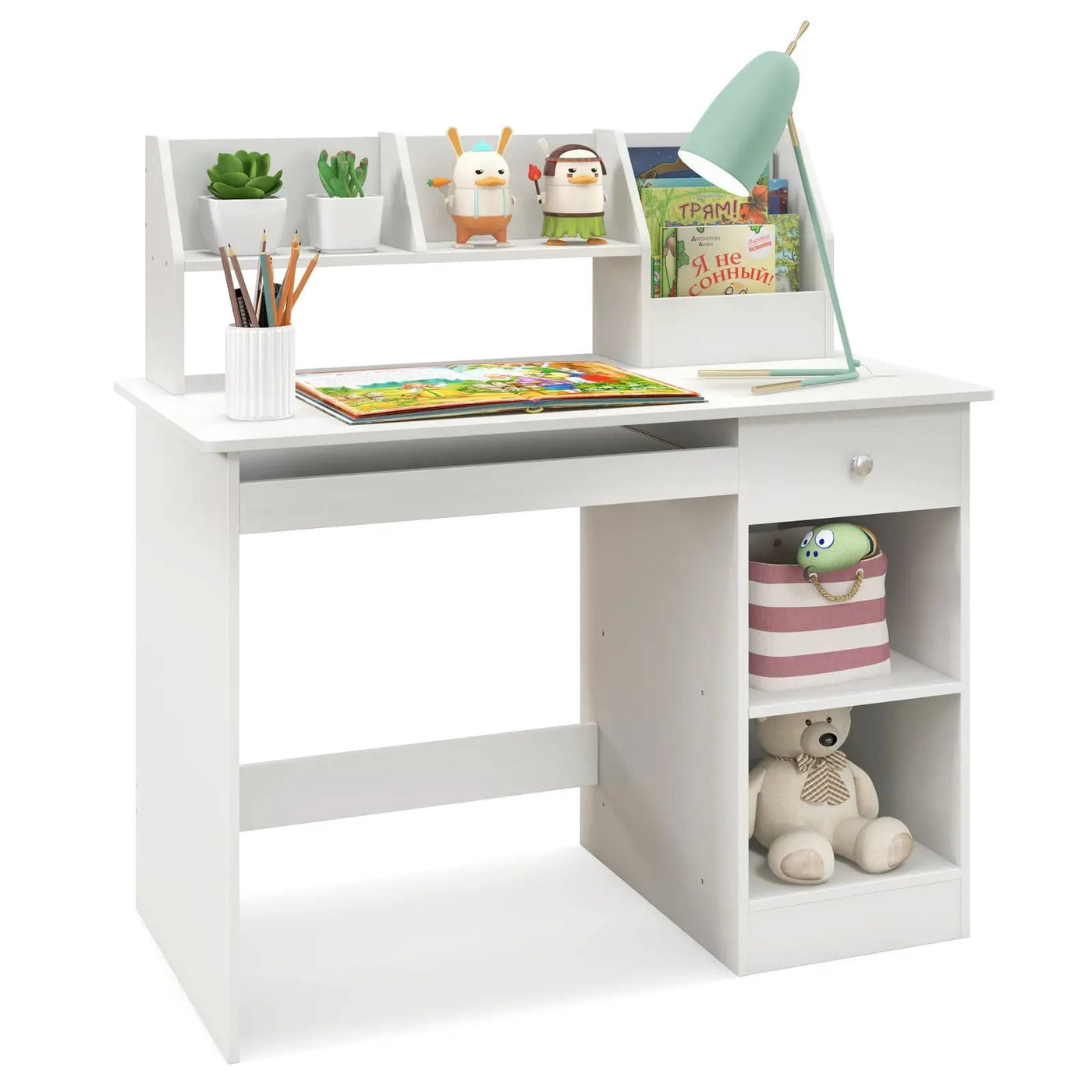 Kids Study Desk Children Writing Table with Hutch Drawer Shelves and Keyboard Tray-White by DirectDeals