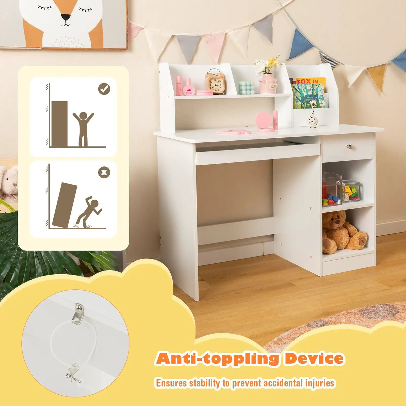 Kids Study Desk Children Writing Table with Hutch Drawer Shelves and Keyboard Tray-White by DirectDeals