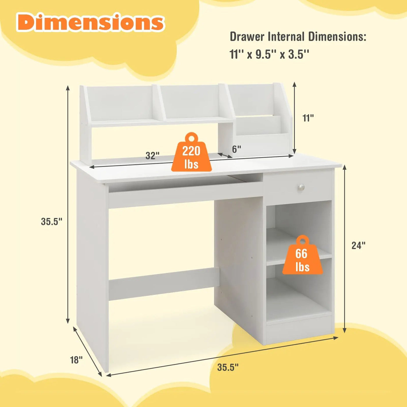 Kids Study Desk Children Writing Table with Hutch Drawer Shelves and Keyboard Tray-White by DirectDeals