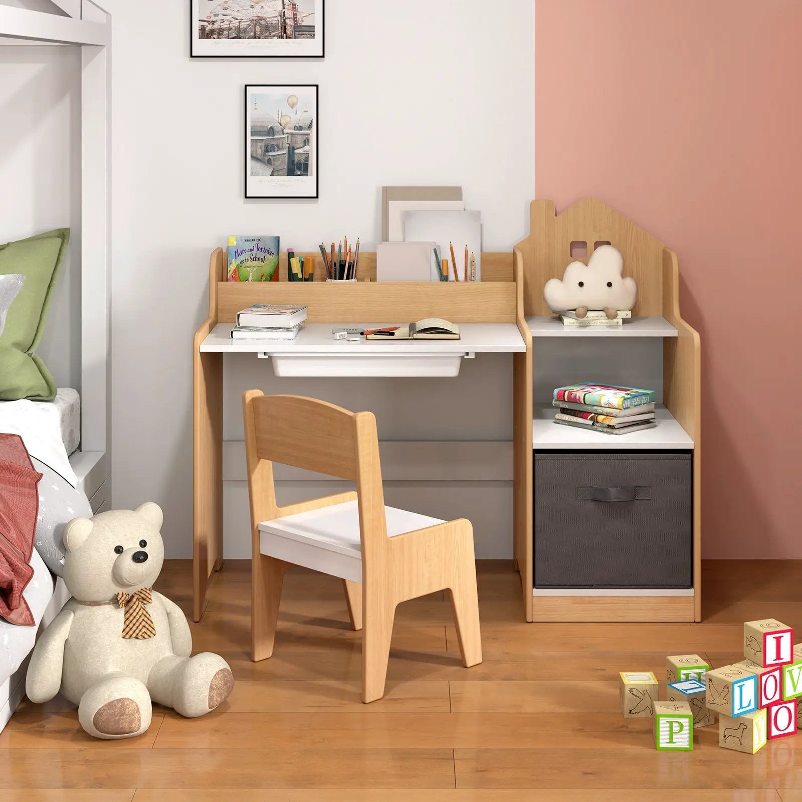Kids Study Desk and Chair Set with Open Shelves Drawer and Fabric Storage Bin-Natural by DirectDeals