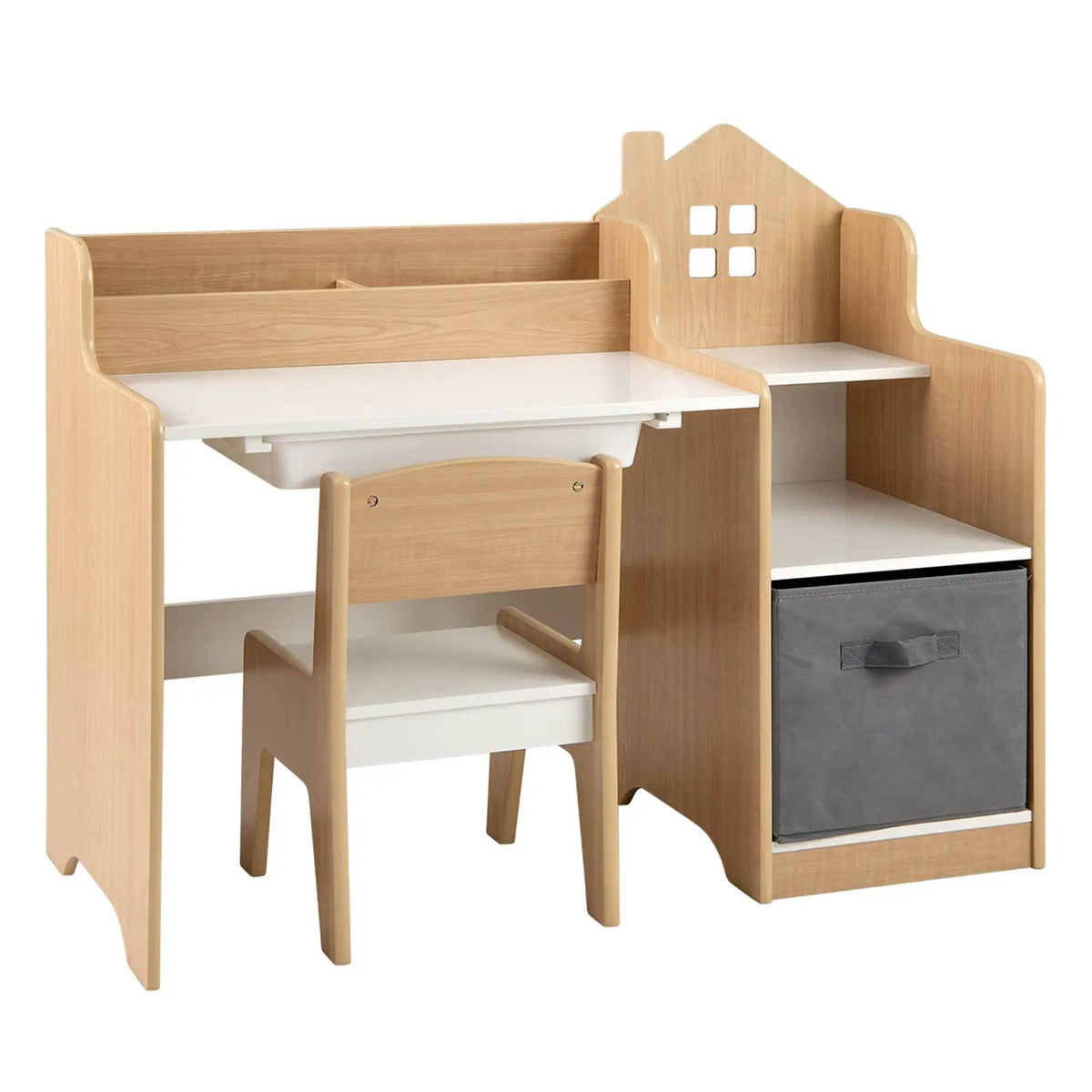 Kids Study Desk and Chair Set with Open Shelves Drawer and Fabric Storage Bin-Natural by DirectDeals