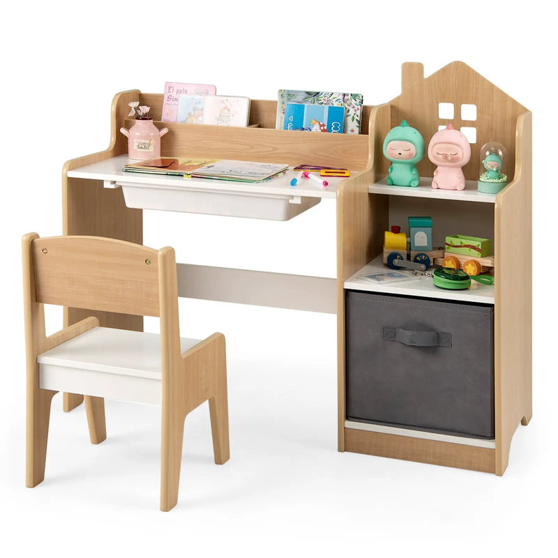 Kids Study Desk and Chair Set with Open Shelves Drawer and Fabric Storage Bin-Natural by DirectDeals