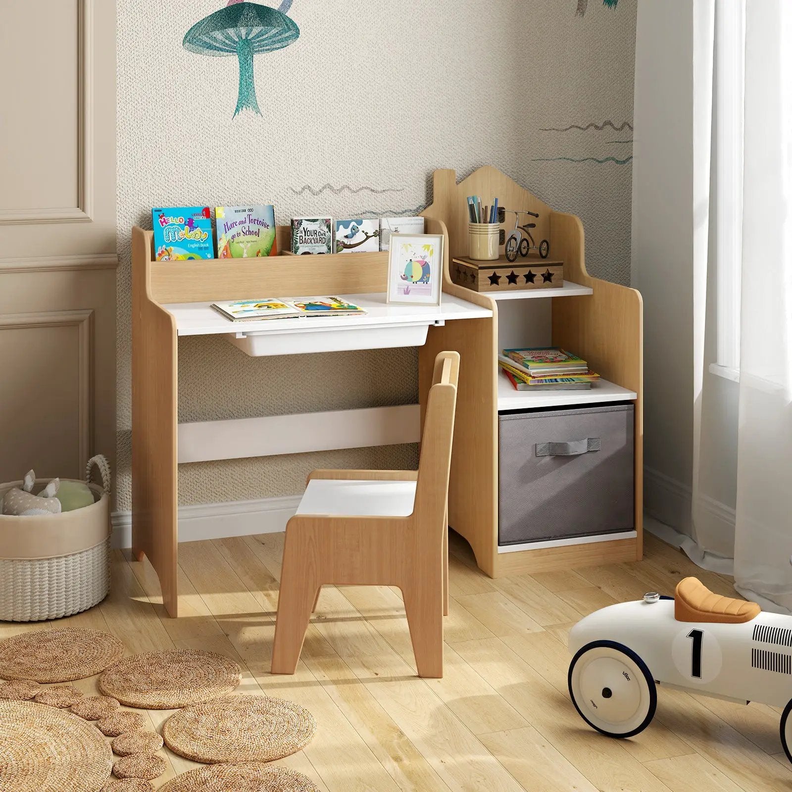 Kids Study Desk and Chair Set with Open Shelves Drawer and Fabric Storage Bin-Natural by DirectDeals
