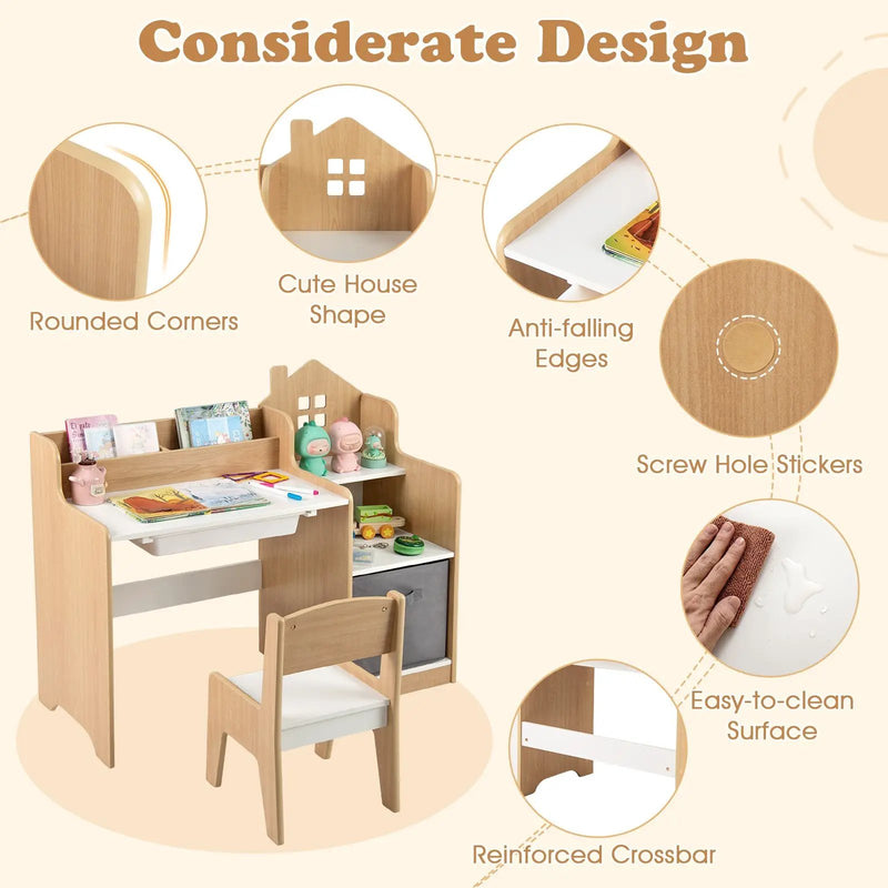 Kids Study Desk and Chair Set with Open Shelves Drawer and Fabric Storage Bin-Natural by DirectDeals