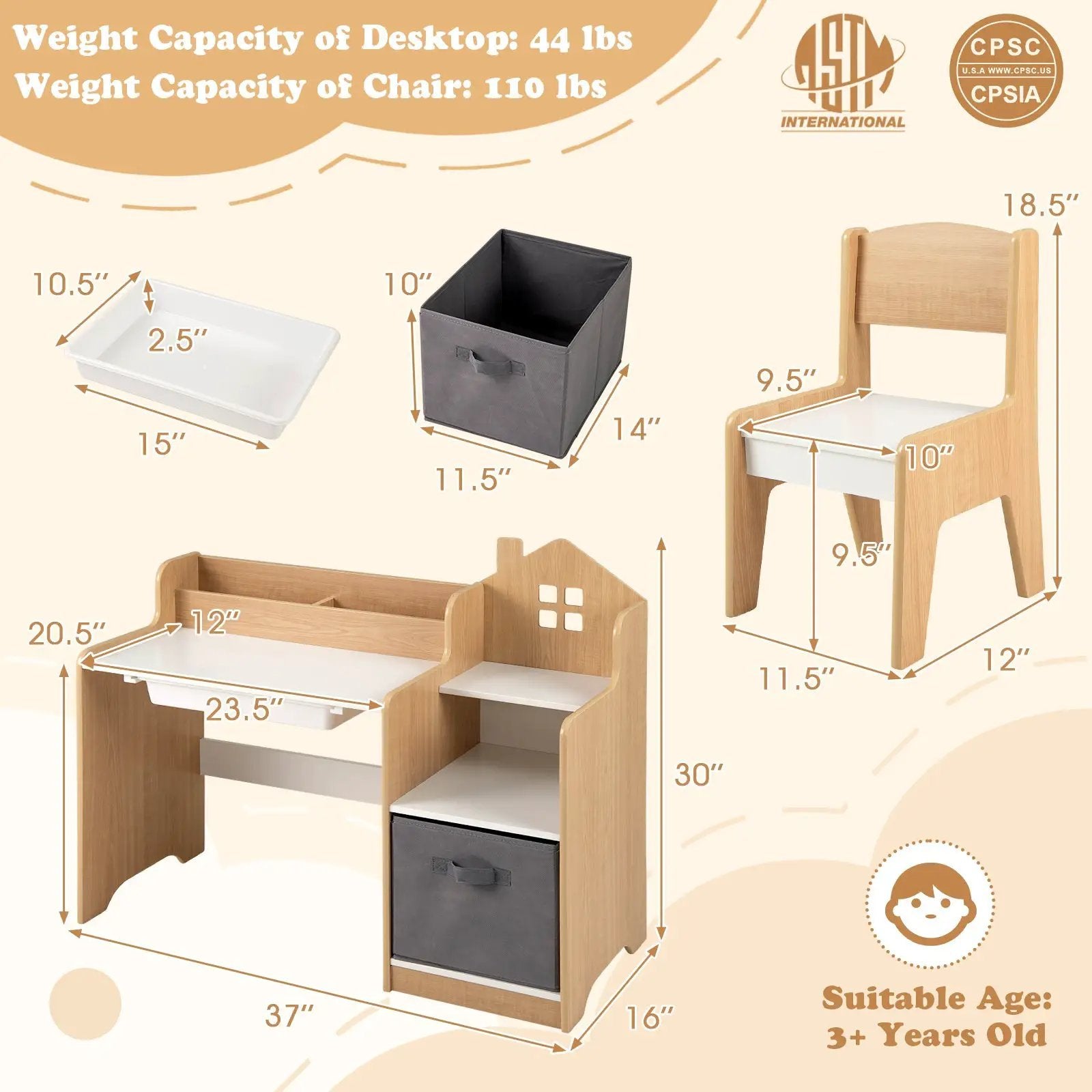 Kids Study Desk and Chair Set with Open Shelves Drawer and Fabric Storage Bin-Natural by DirectDeals