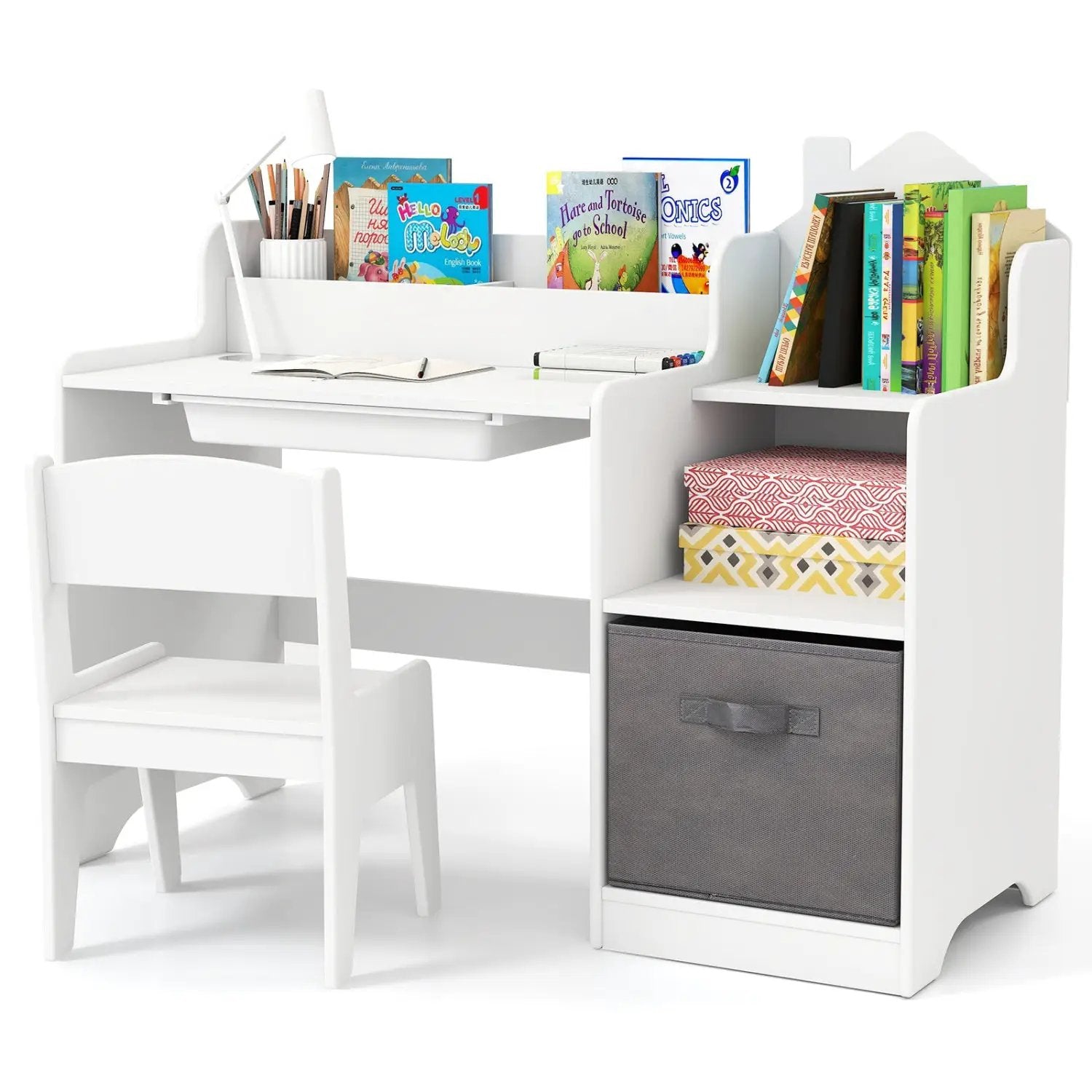 Kids Study Desk and Chair Set with Open Shelves Drawer and Fabric Storage Bin-Natural by DirectDeals