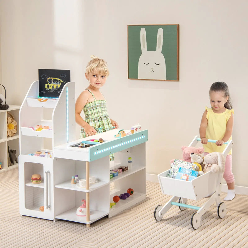 Wooden Kids Supermarket Playset with Cash Register and Shopping Cart-White by DirectDeals