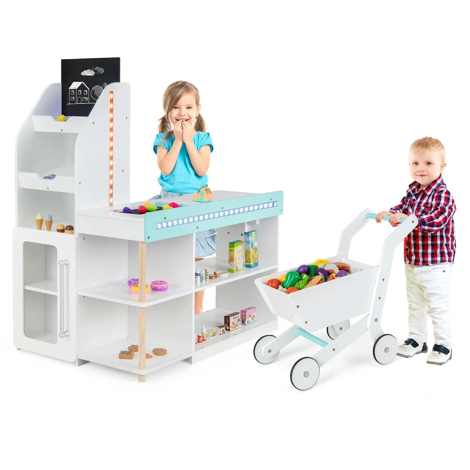 Wooden Kids Supermarket Playset with Cash Register and Shopping Cart-White by DirectDeals