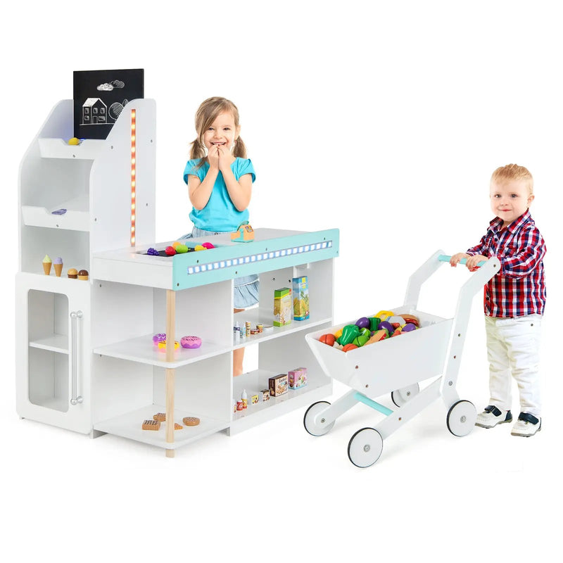 Wooden Kids Supermarket Playset with Cash Register and Shopping Cart-White by DirectDeals