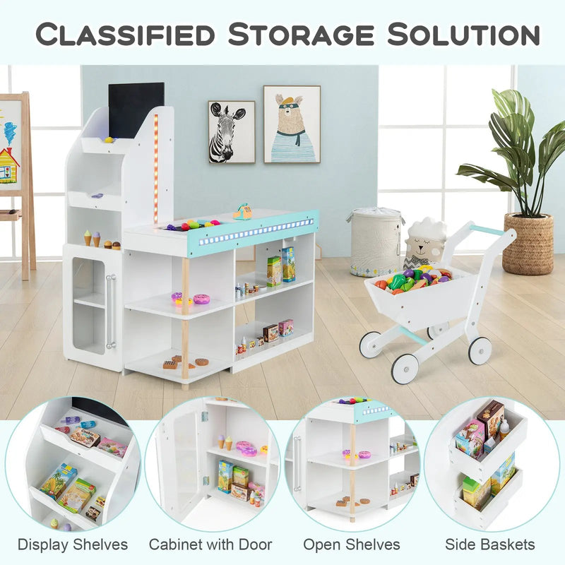 Wooden Kids Supermarket Playset with Cash Register and Shopping Cart-White by DirectDeals