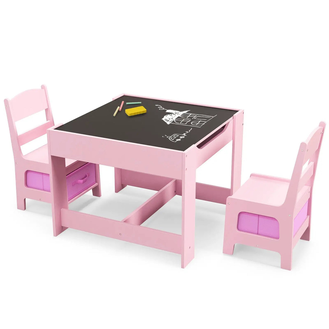 Kids Table Chairs Set With Storage Boxes Blackboard Whiteboard Drawing by DirectDeals