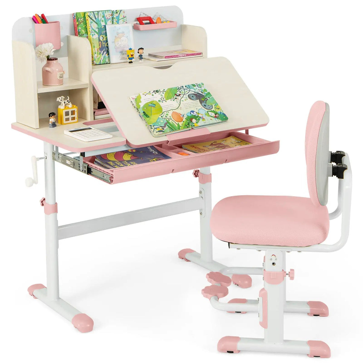 Height Adjustable Children School Home Study Table and Chair Set with Tilted Desktop for 3-12 Years Old by DirectDeals