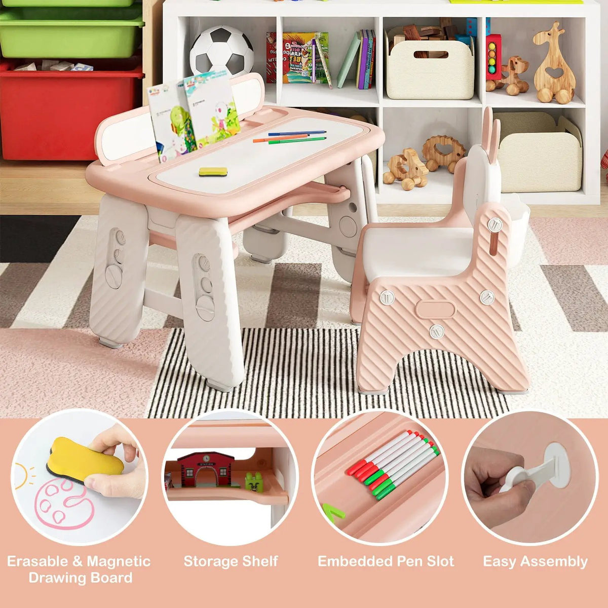 Kids Table and Chair Set with Flip-Top Bookshelf by DirectDeals