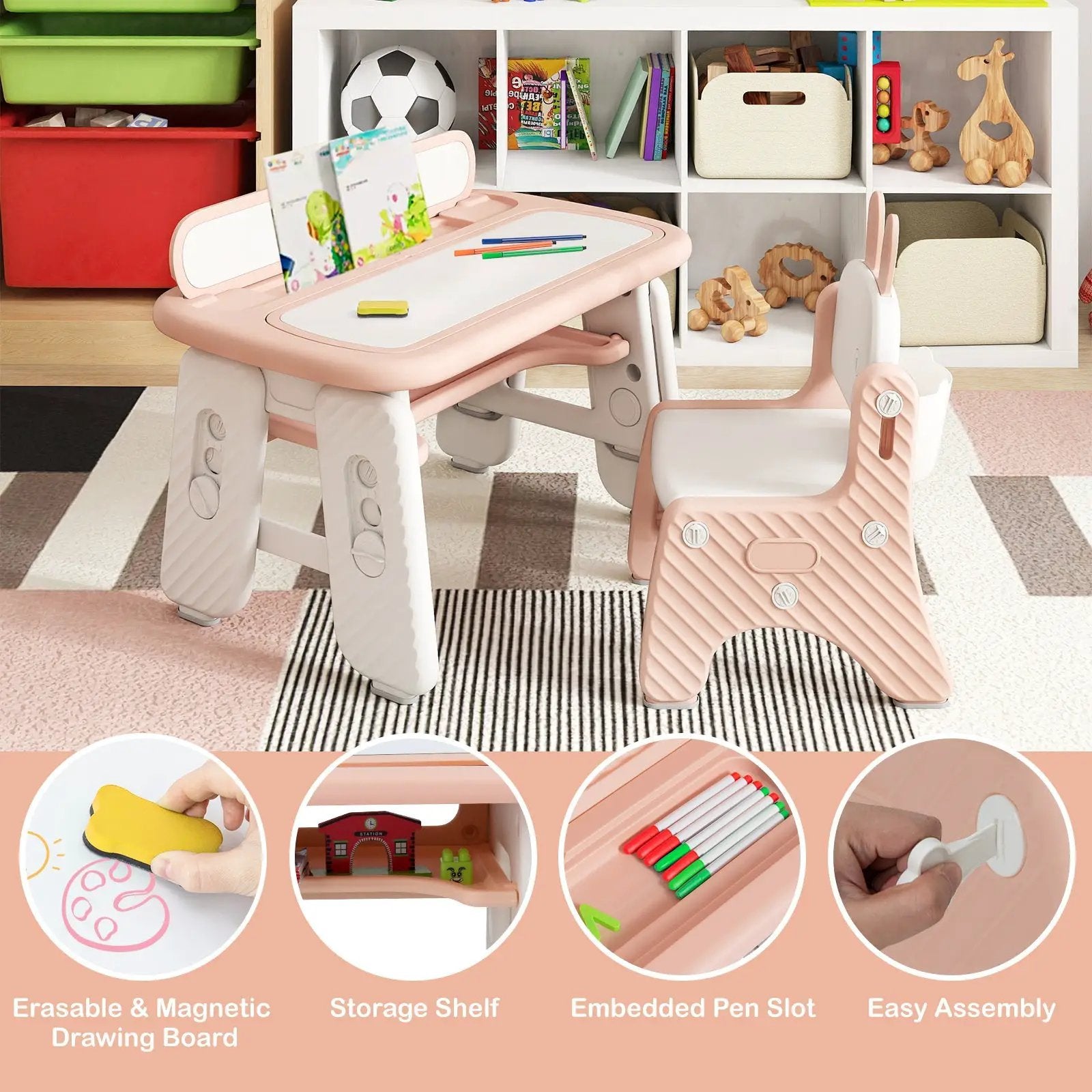 Kids Table and Chair Set with Flip-Top Bookshelf by DirectDeals