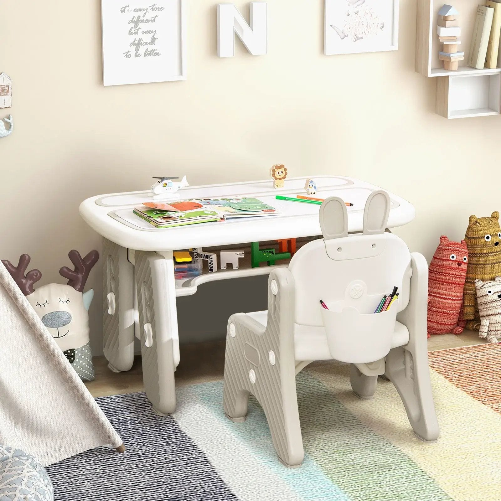 Kids Table and Chair Set with Flip-Top Bookshelf by DirectDeals