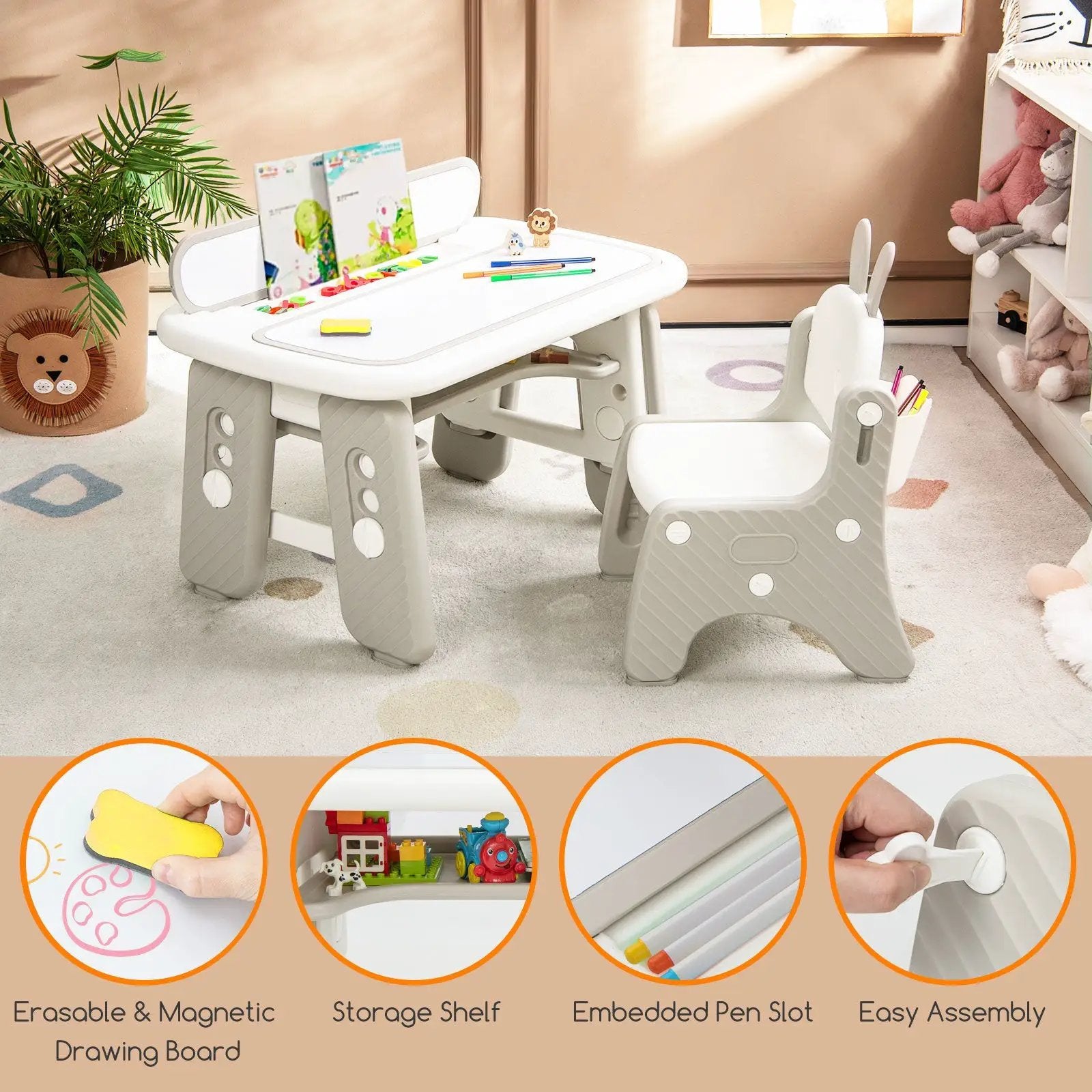 Kids Table and Chair Set with Flip-Top Bookshelf by DirectDeals