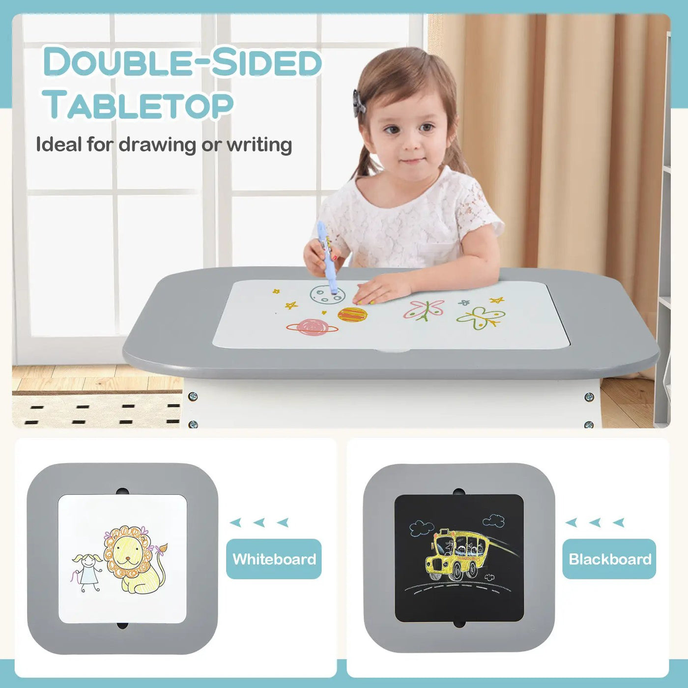 Kid's Table and Chairs Set with Double-sized Tabletop-Gray by DirectDeals