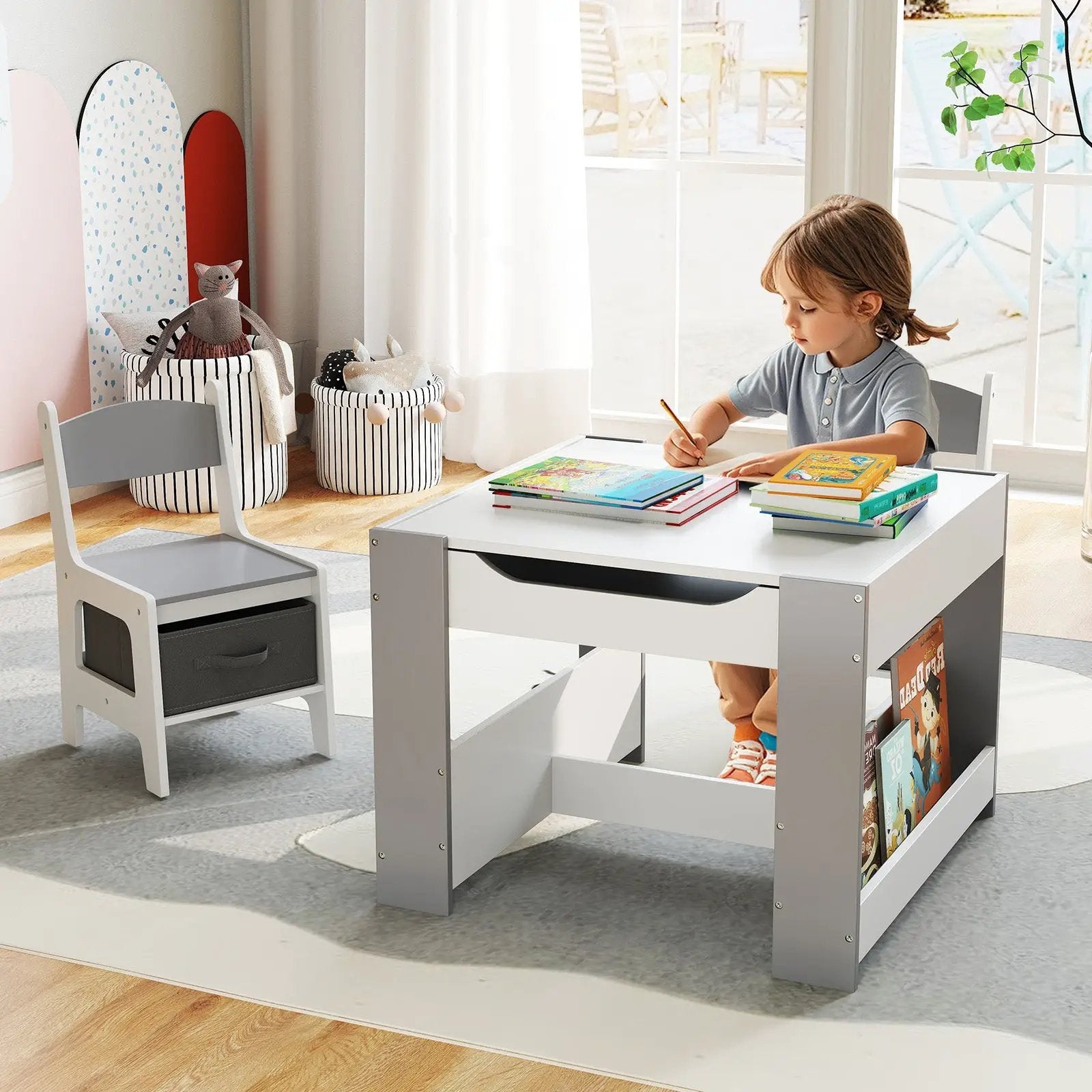 4 in 1 Kids Toddler Activity Table and Chairs Set with Reversible Tabletop by DirectDeals
