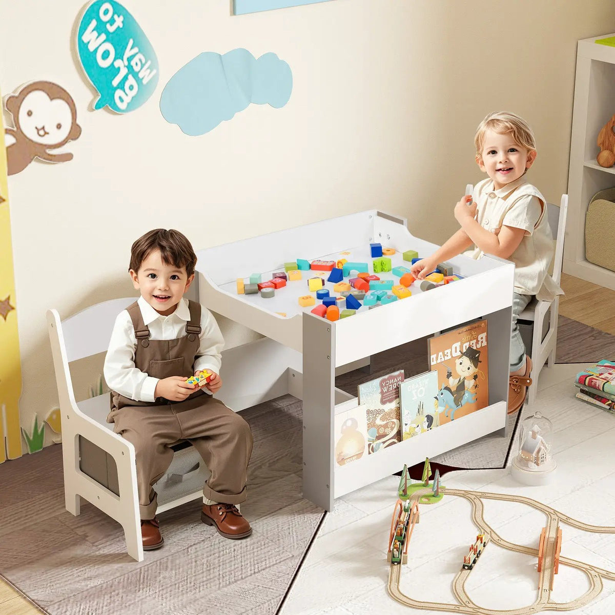 4 in 1 Kids Toddler Activity Table and Chairs Set with Reversible Tabletop by DirectDeals