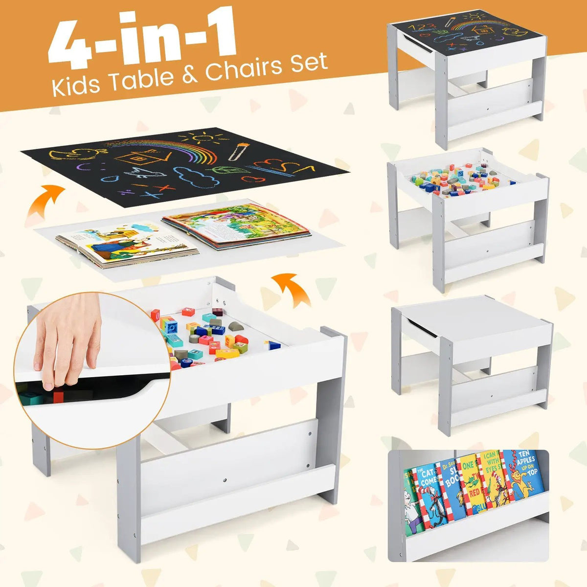 4 in 1 Kids Toddler Activity Table and Chairs Set with Reversible Tabletop by DirectDeals