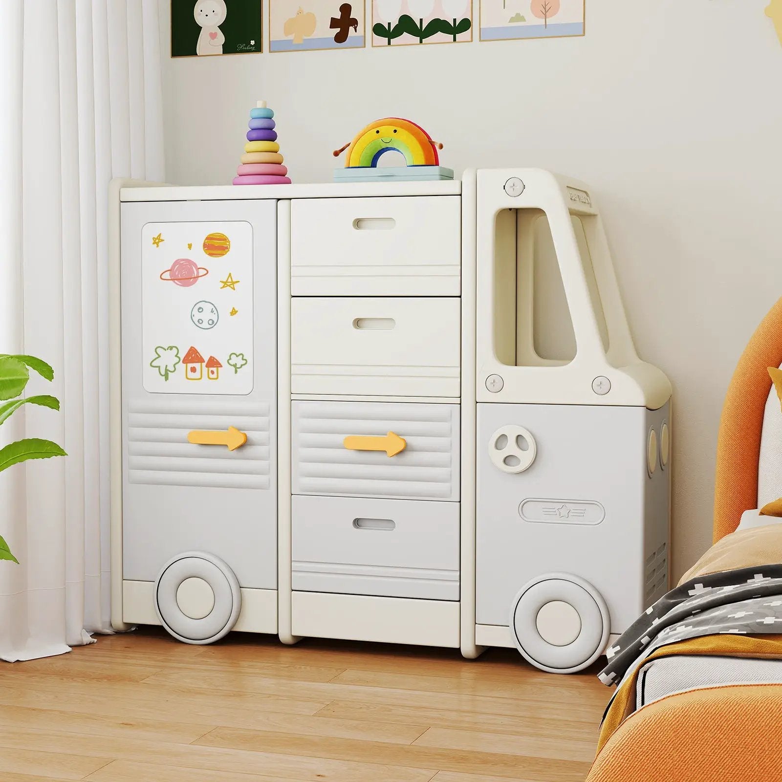 Kids Toy Storage Organizer Bus-shaped Children Cabinet with 4 Pull-out Drawers with Handles-Gray by DirectDeals