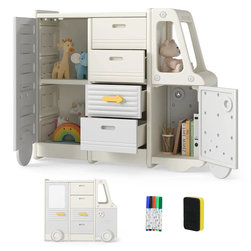 Kids Toy Storage Organizer Bus-shaped Children Cabinet with 4 Pull-out Drawers with Handles-Gray by DirectDeals