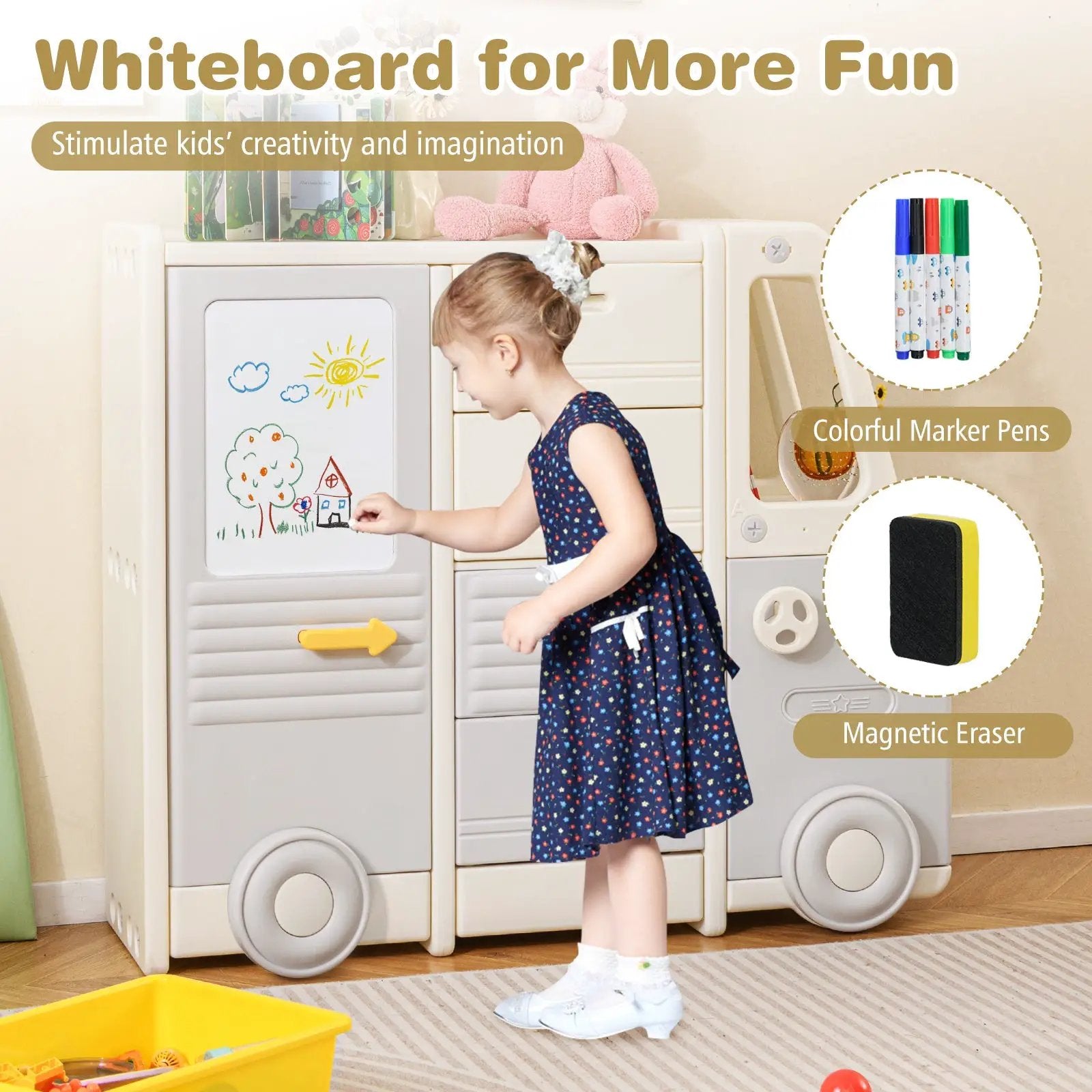 Kids Toy Storage Organizer Bus-shaped Children Cabinet with 4 Pull-out Drawers with Handles-Gray by DirectDeals