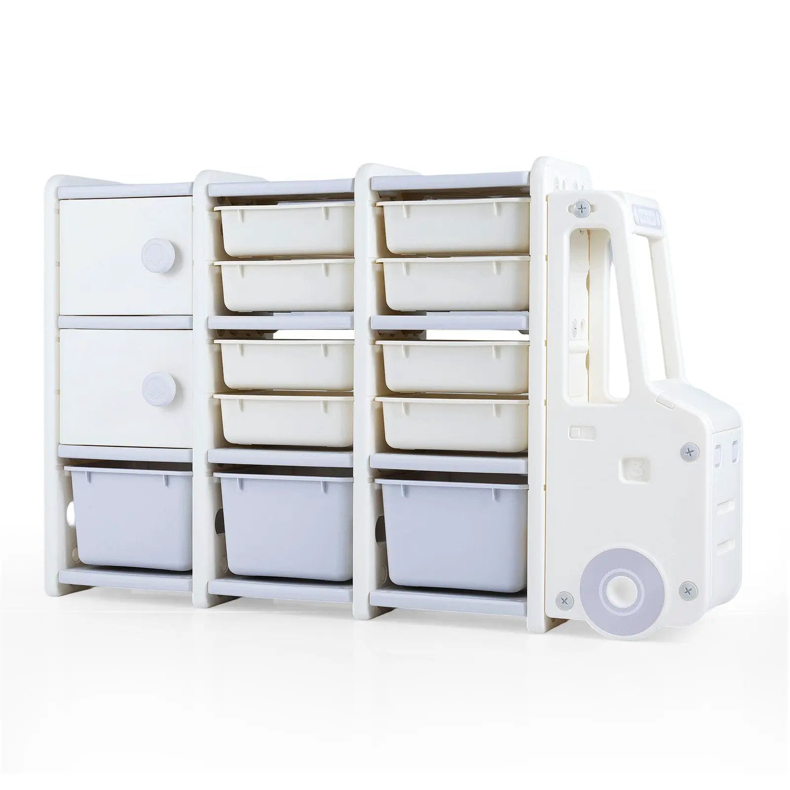 Kids Toy Storage Organizer Truck-shaped Toy Chest with 2 Cabinets and 11 Removable Bins-Grey by DirectDeals